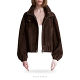 Women's Dark Brown Suede Oversized Funnel-Neck Bomber – view 3
