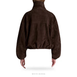 Women's Dark Brown Suede Oversized Funnel-Neck Bomber – view 4