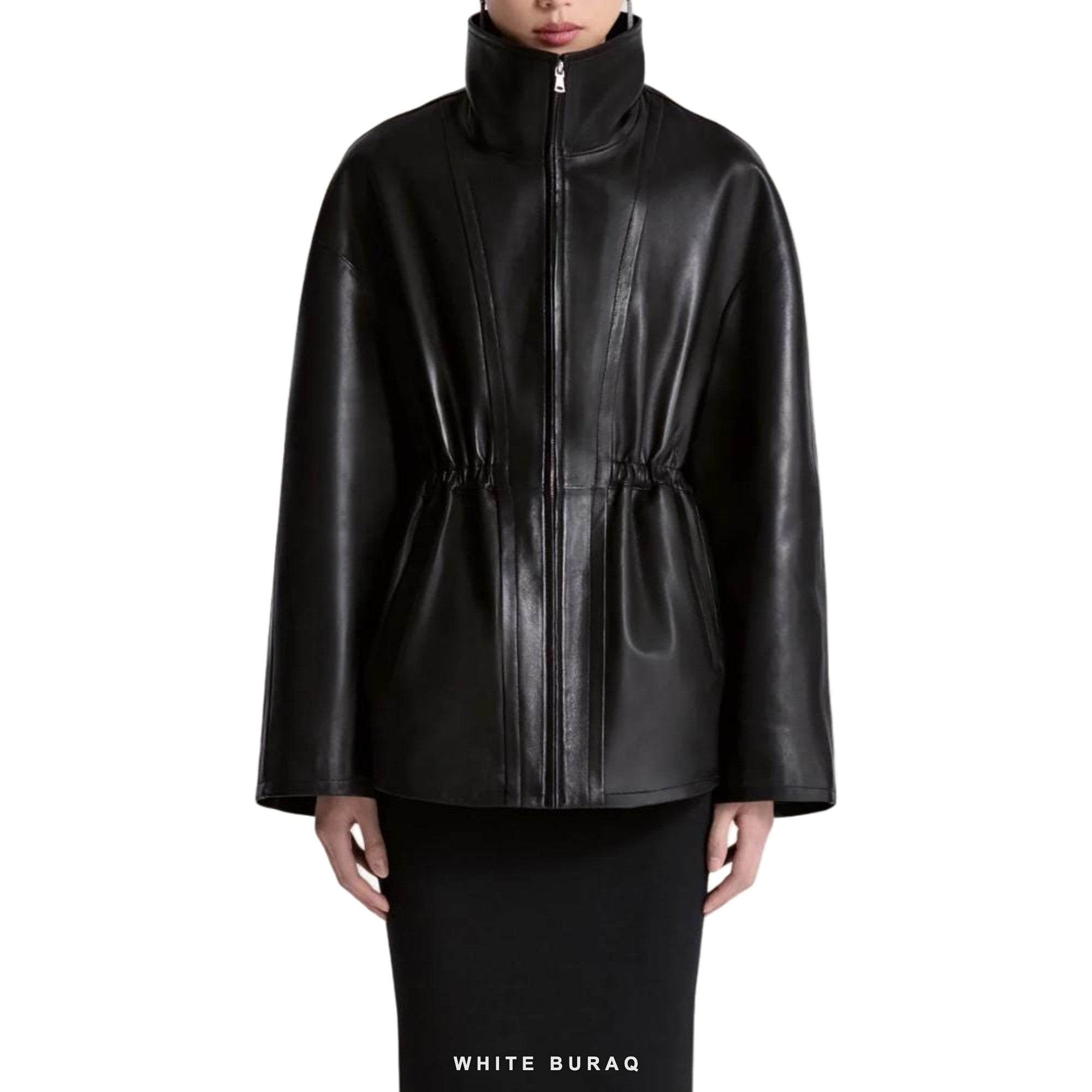 Women's Black Lambskin Funnel-Neck Drawstring Jacket