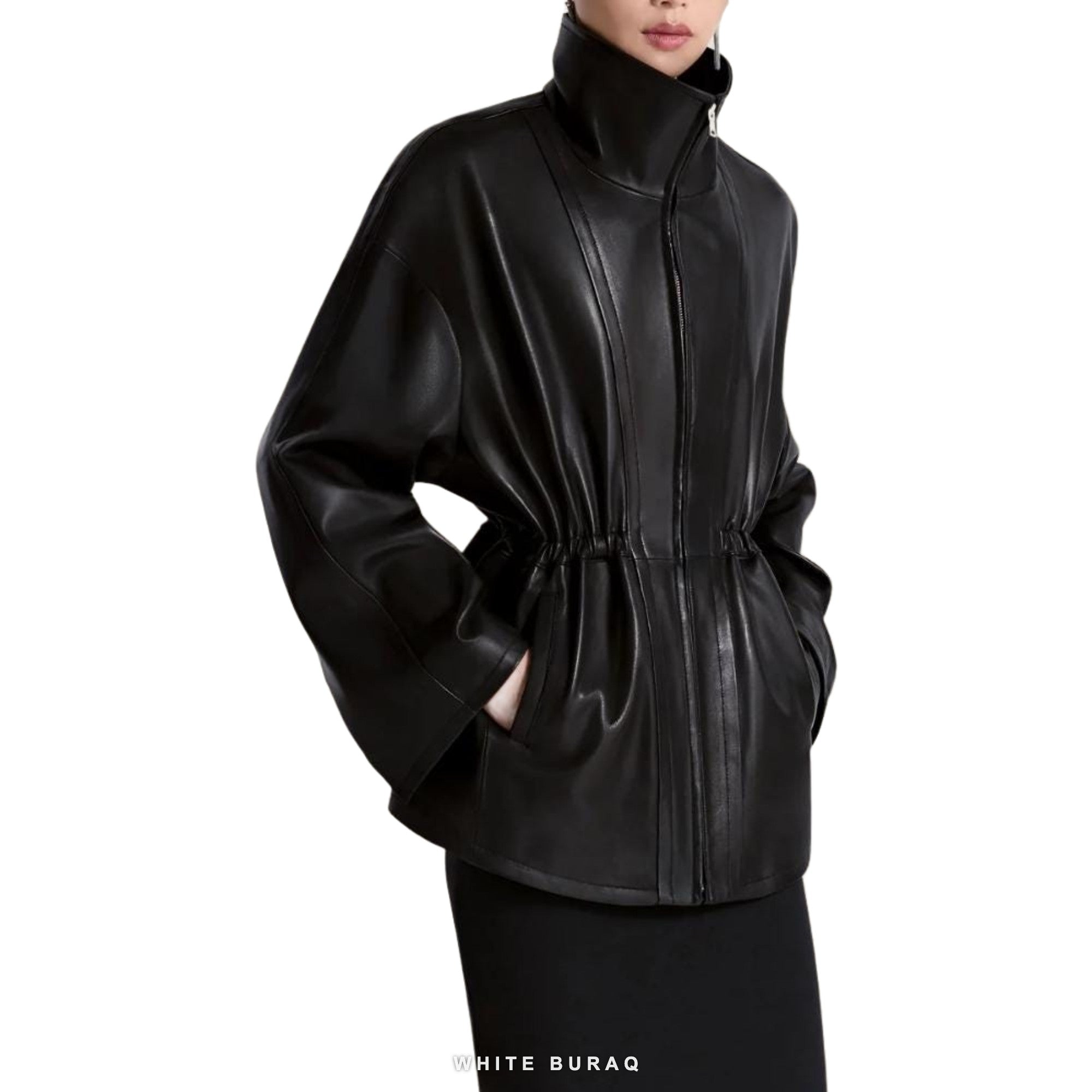 Women's Black Lambskin Funnel-Neck Drawstring Jacket – view 2