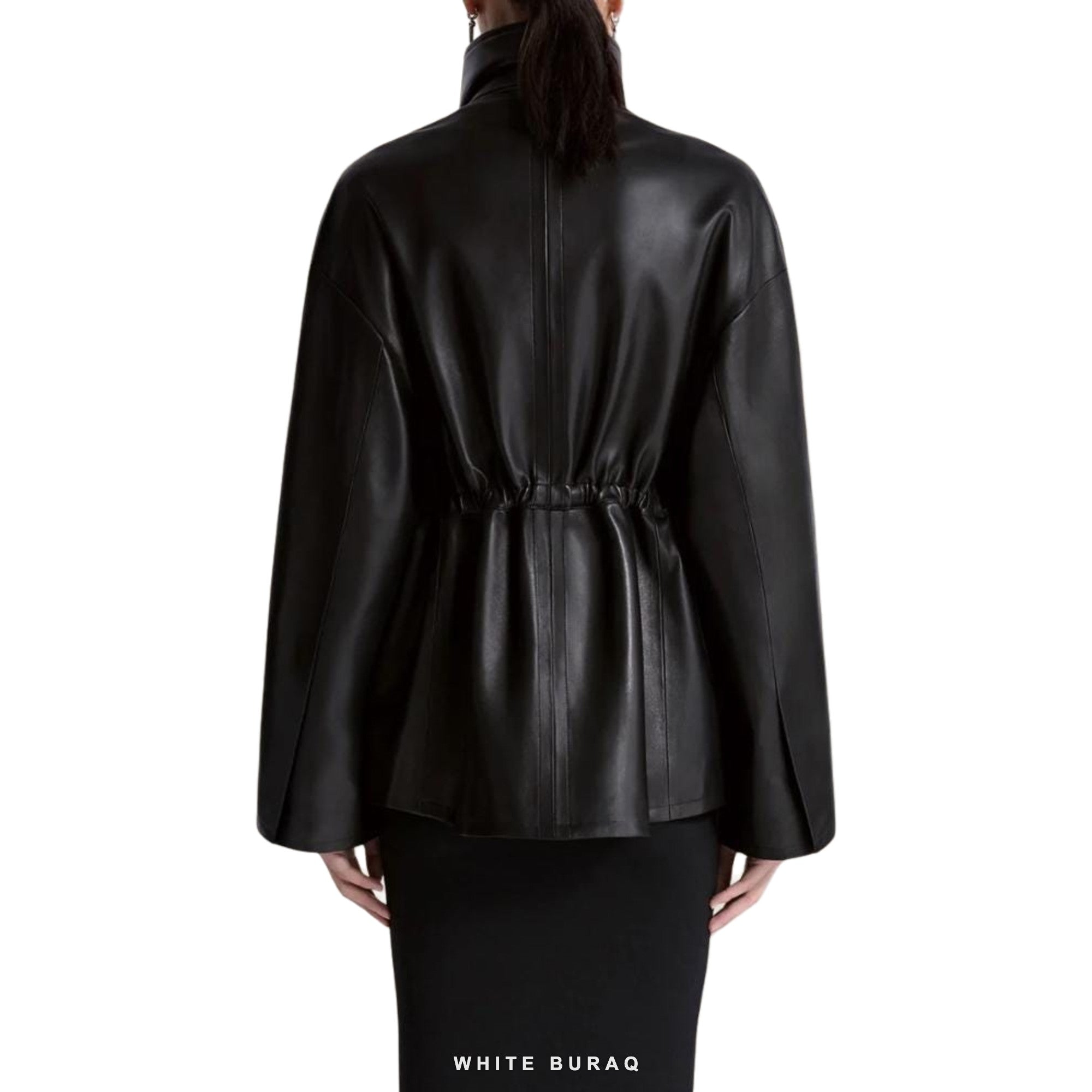 Women's Black Lambskin Funnel-Neck Drawstring Jacket – view 3