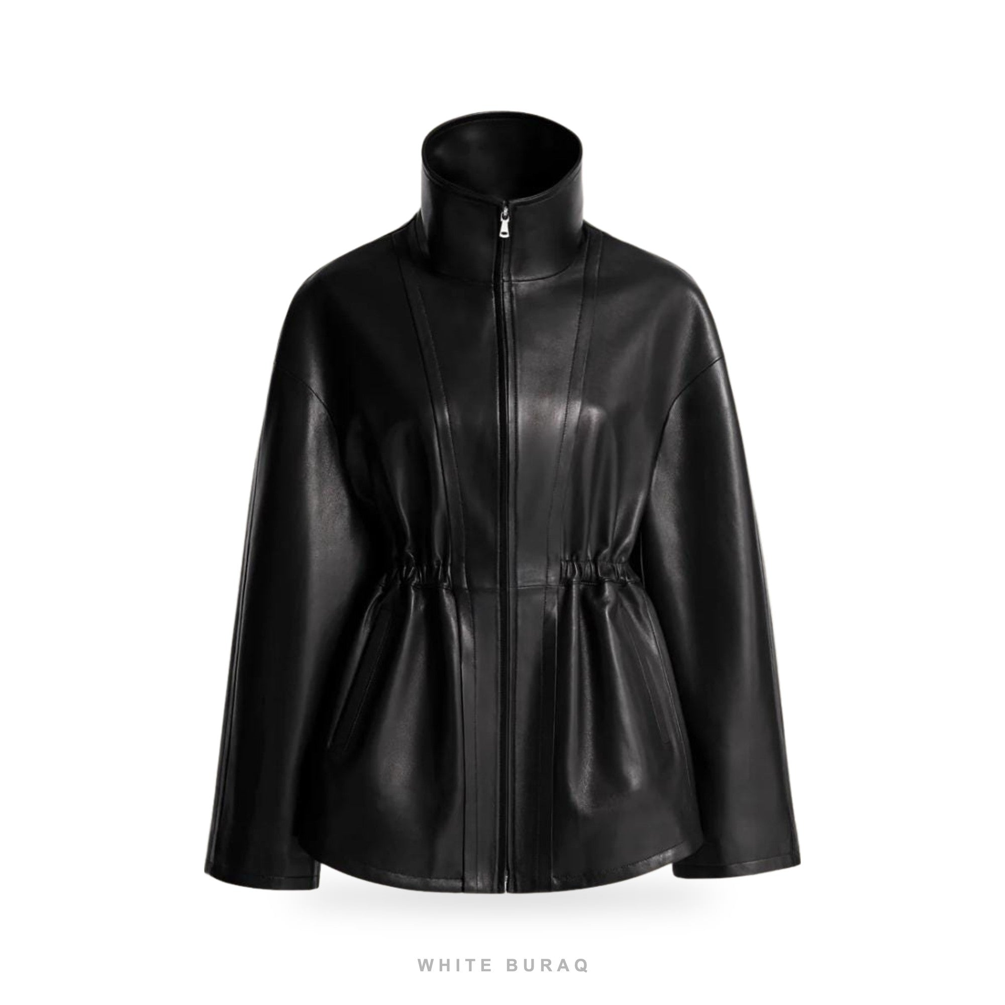 Women's Black Lambskin Funnel-Neck Drawstring Jacket – view 4