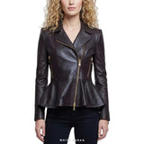 Women's Espresso Lambskin Peplum Biker with Gold Zips
