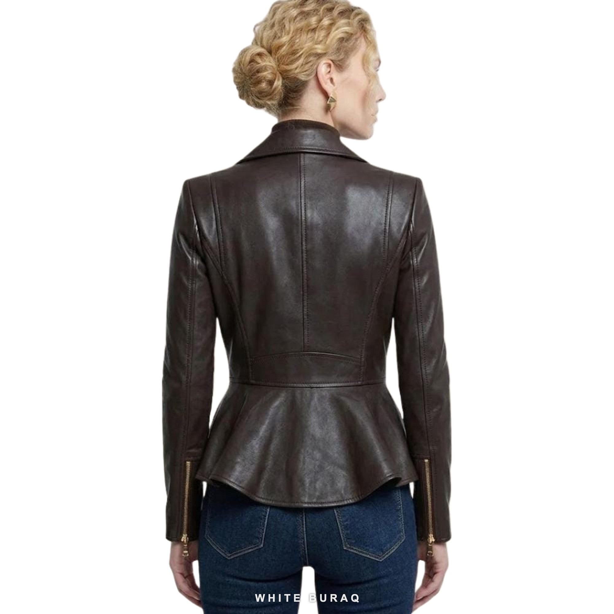 Women's Espresso Lambskin Peplum Biker with Gold Zips – view 3