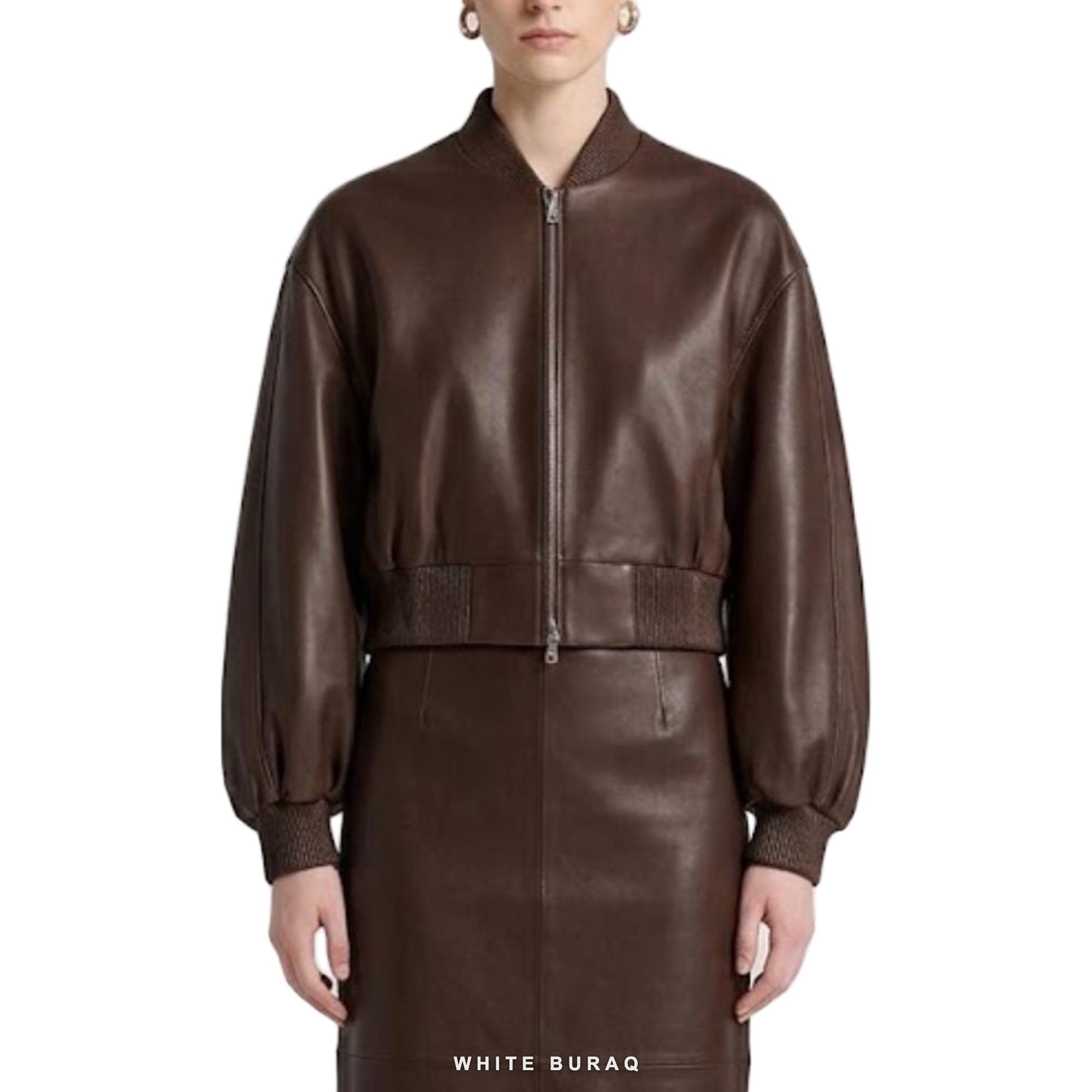 Women's Brown Leather Balloon-Sleeve Cropped Bomber