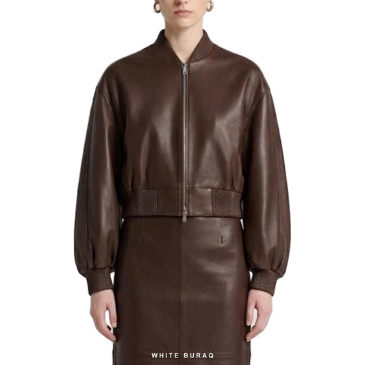 Women's Brown Leather Balloon-Sleeve Cropped Bomber