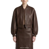 Women's Brown Leather Balloon-Sleeve Cropped Bomber – view 2