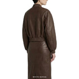 Women's Brown Leather Balloon-Sleeve Cropped Bomber – view 4