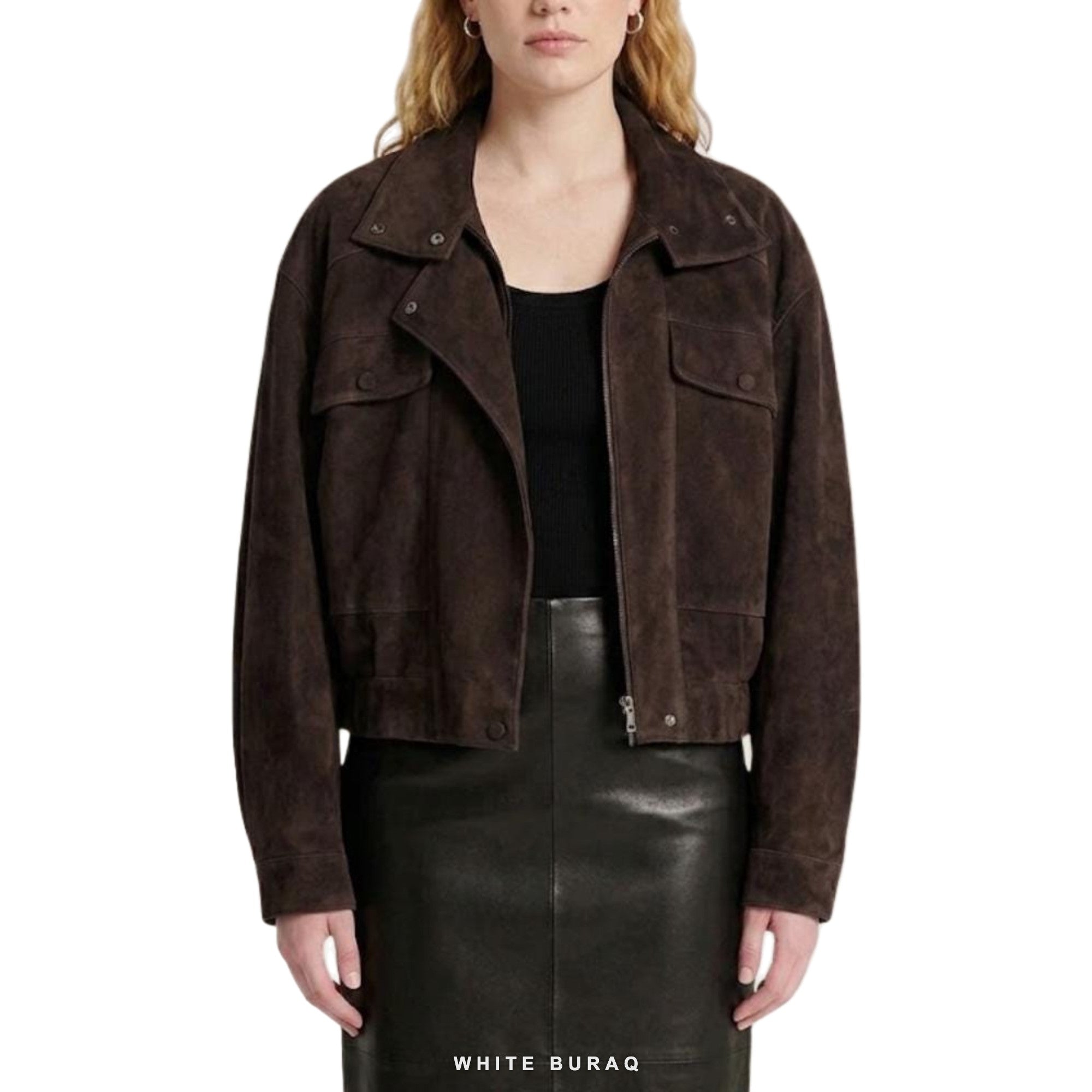 Women's Dark Brown Suede Funnel-Collar Utility Jacket – view 3