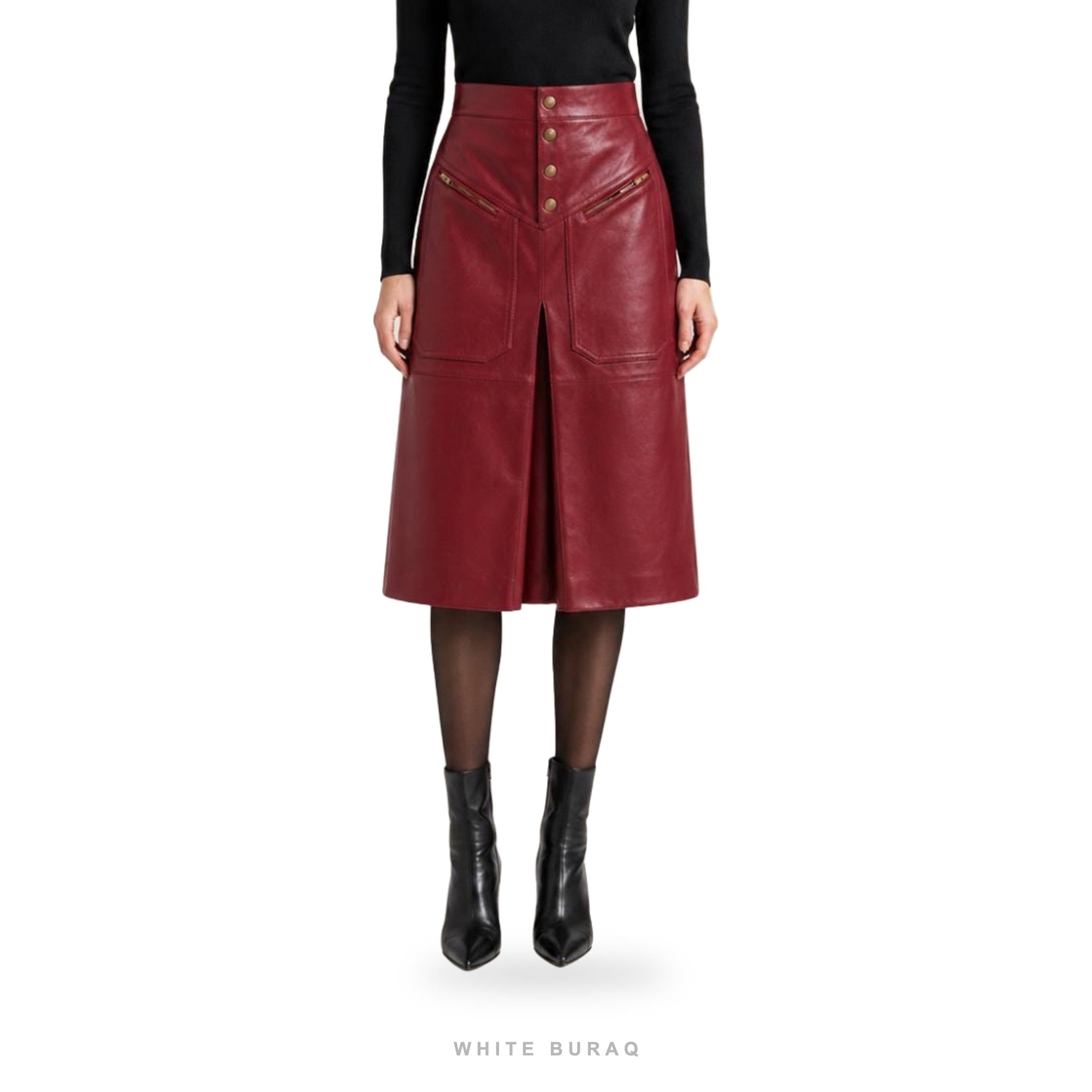 Women's Burgundy Sheepskin A-Line Midi Skirt with Front Slit