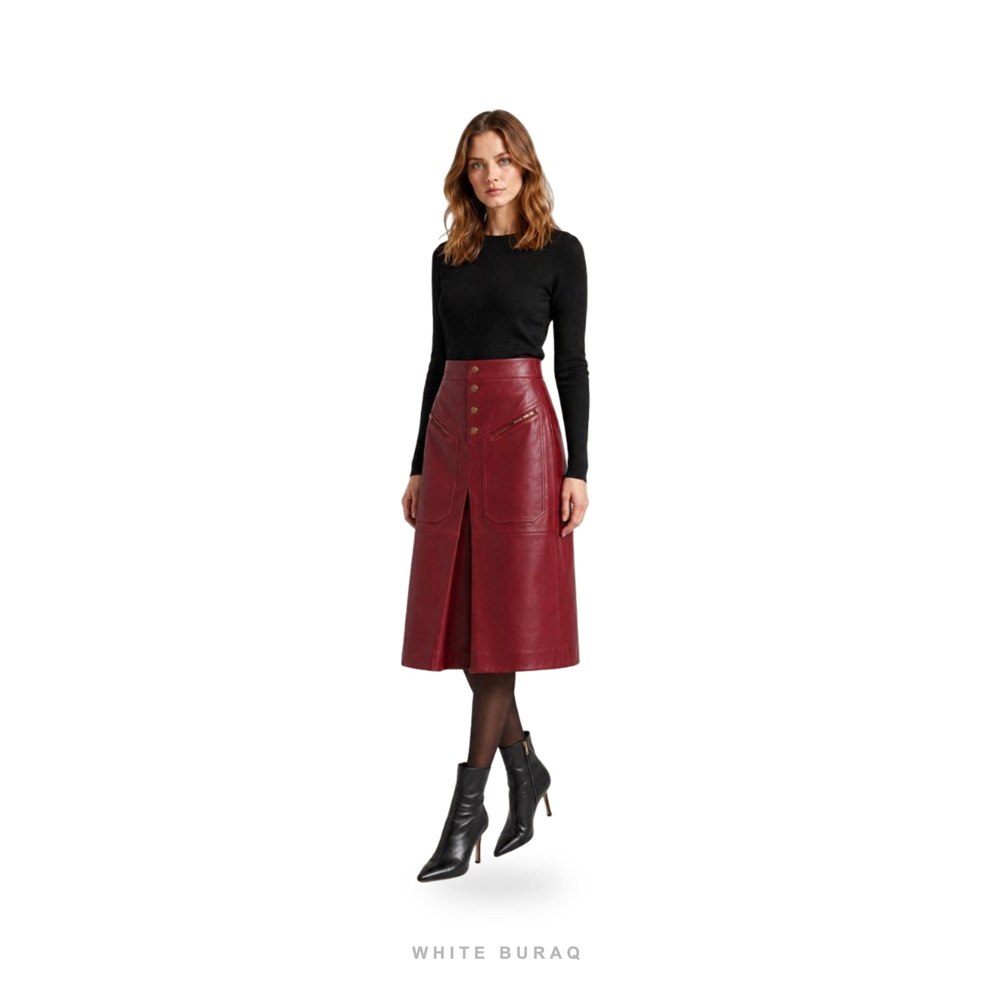Women's Burgundy Sheepskin A-Line Midi Skirt with Front Slit – view 2