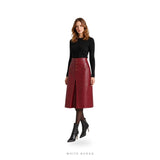 Women's Burgundy Sheepskin A-Line Midi Skirt with Front Slit – view 2
