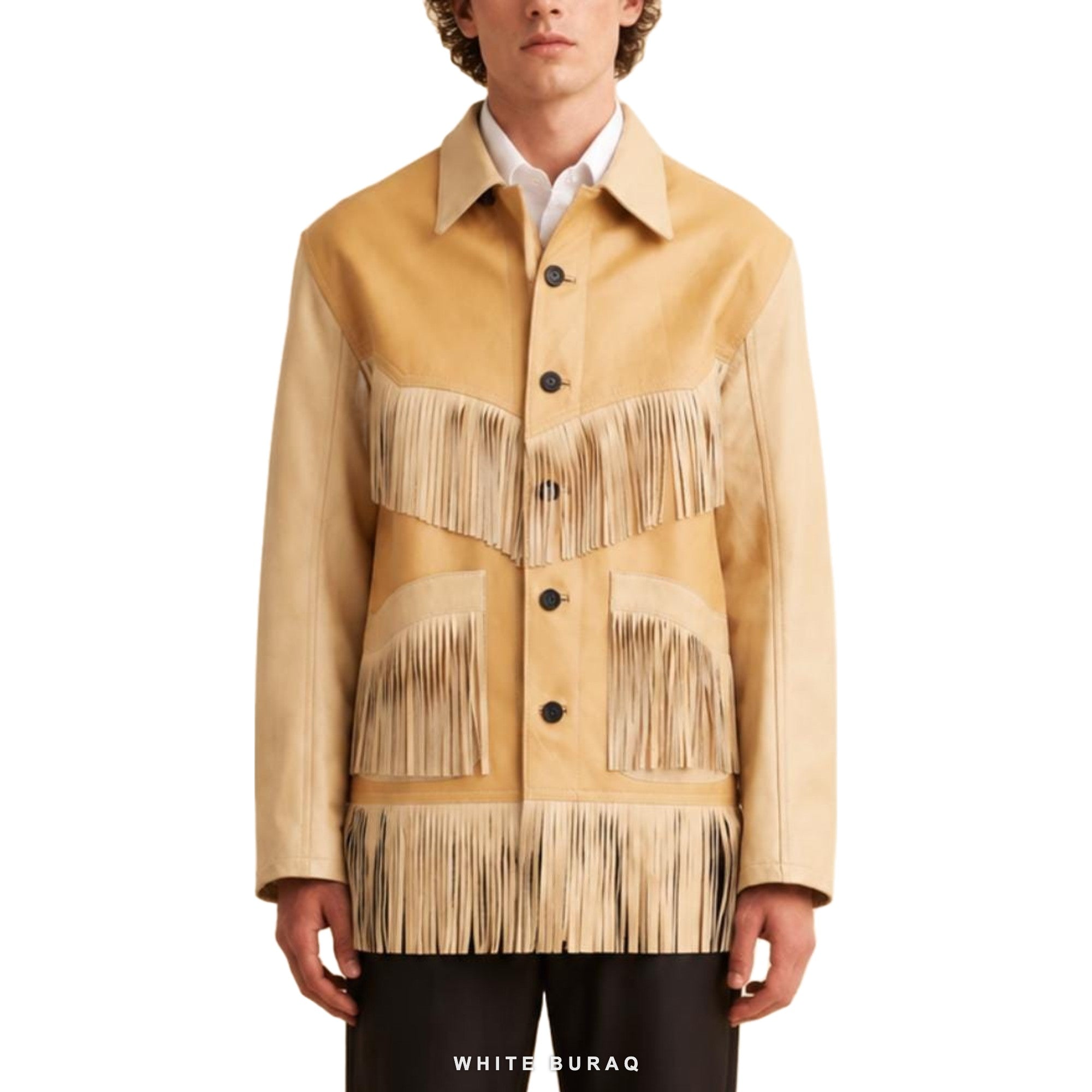 Men's Tan & Cream Leather Western Fringe Jacket