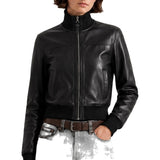 Women's Black Leather Cropped Stand-Collar Bomber