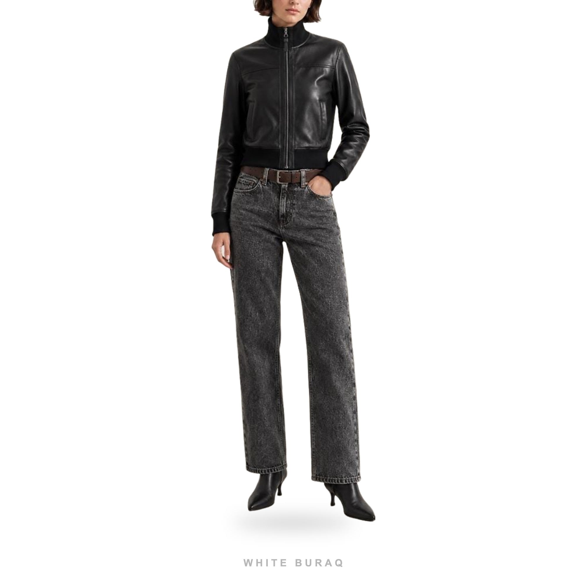 Women's Black Leather Cropped Stand-Collar Bomber – view 2