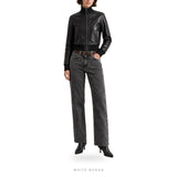 Women's Black Leather Cropped Stand-Collar Bomber – view 2