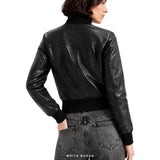Women's Black Leather Cropped Stand-Collar Bomber – view 3