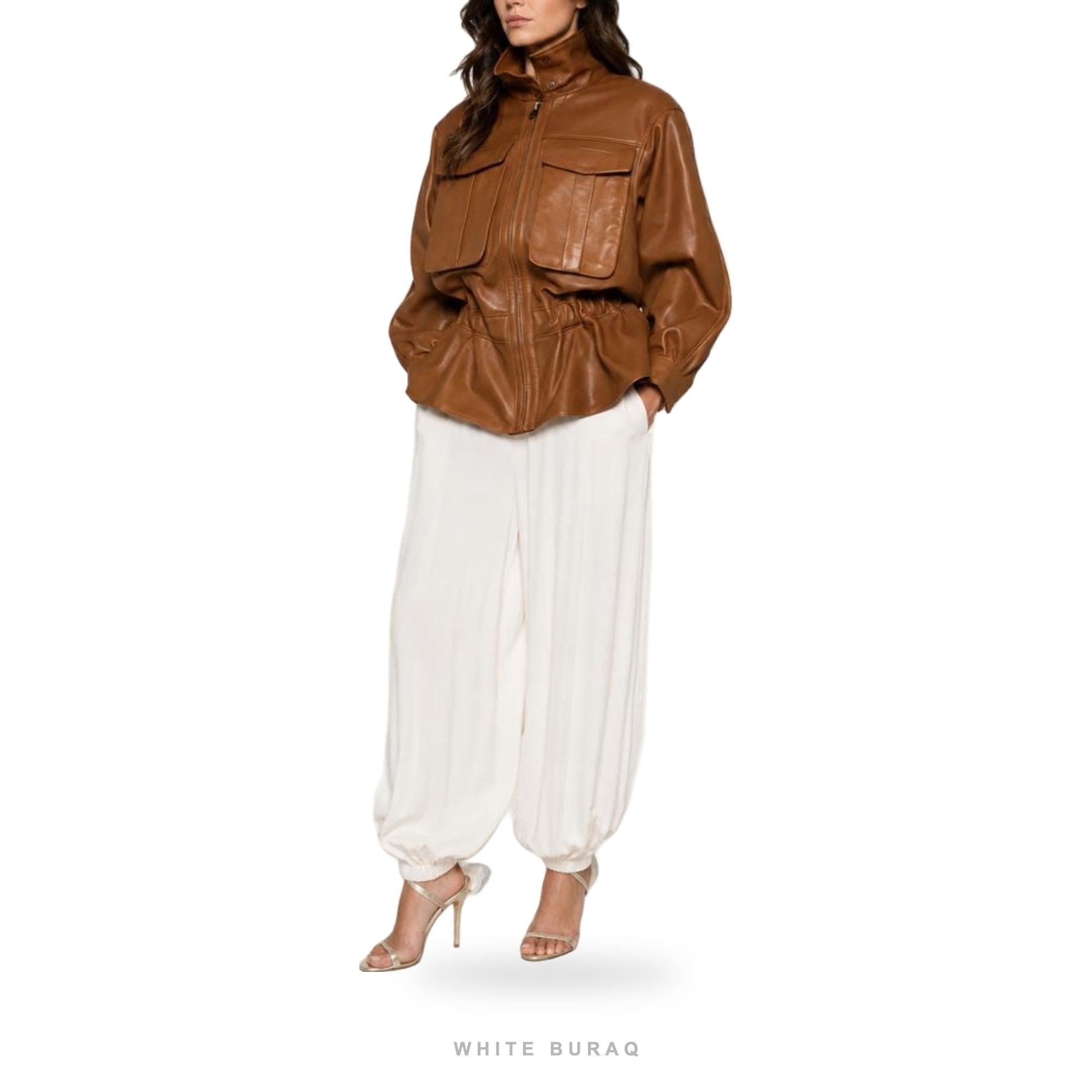 Women's Cognac Leather Cinched-Waist Cargo Jacket – view 3
