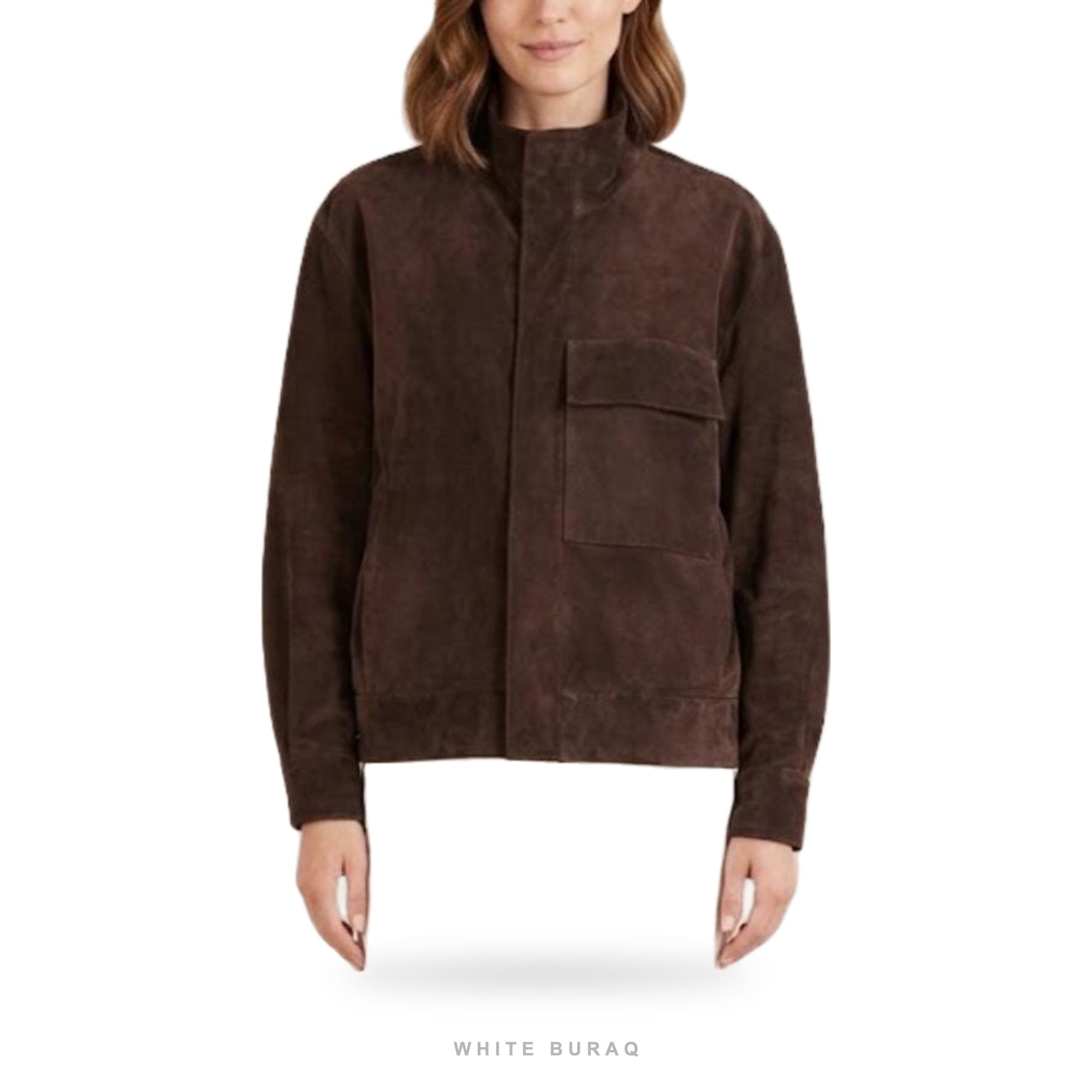 Women's Dark Brown Suede High-Collar Snap Jacket