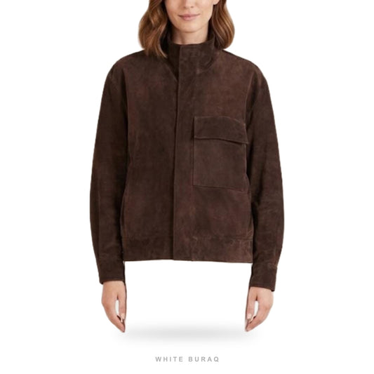 Women's Dark Brown Suede High-Collar Snap Jacket