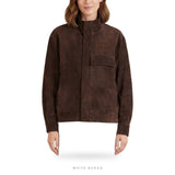 Women's Dark Brown Suede High-Collar Snap Jacket