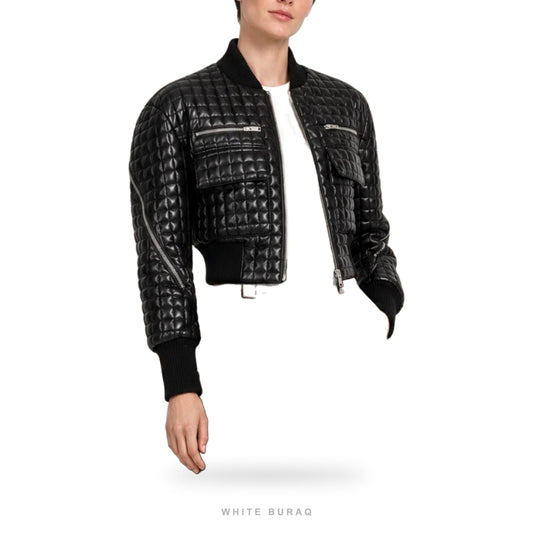 Women's Black Quilted Leather Cropped Bomber