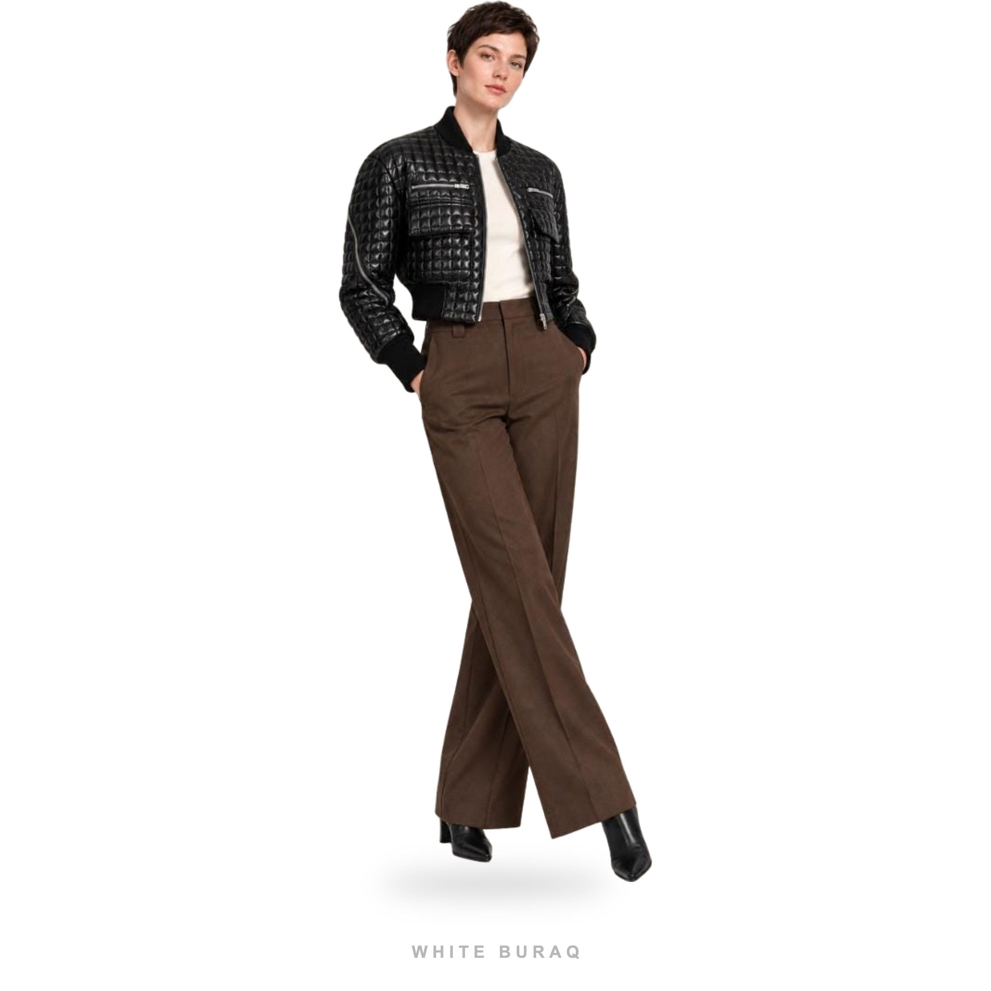 Women's Black Quilted Leather Cropped Bomber – view 2