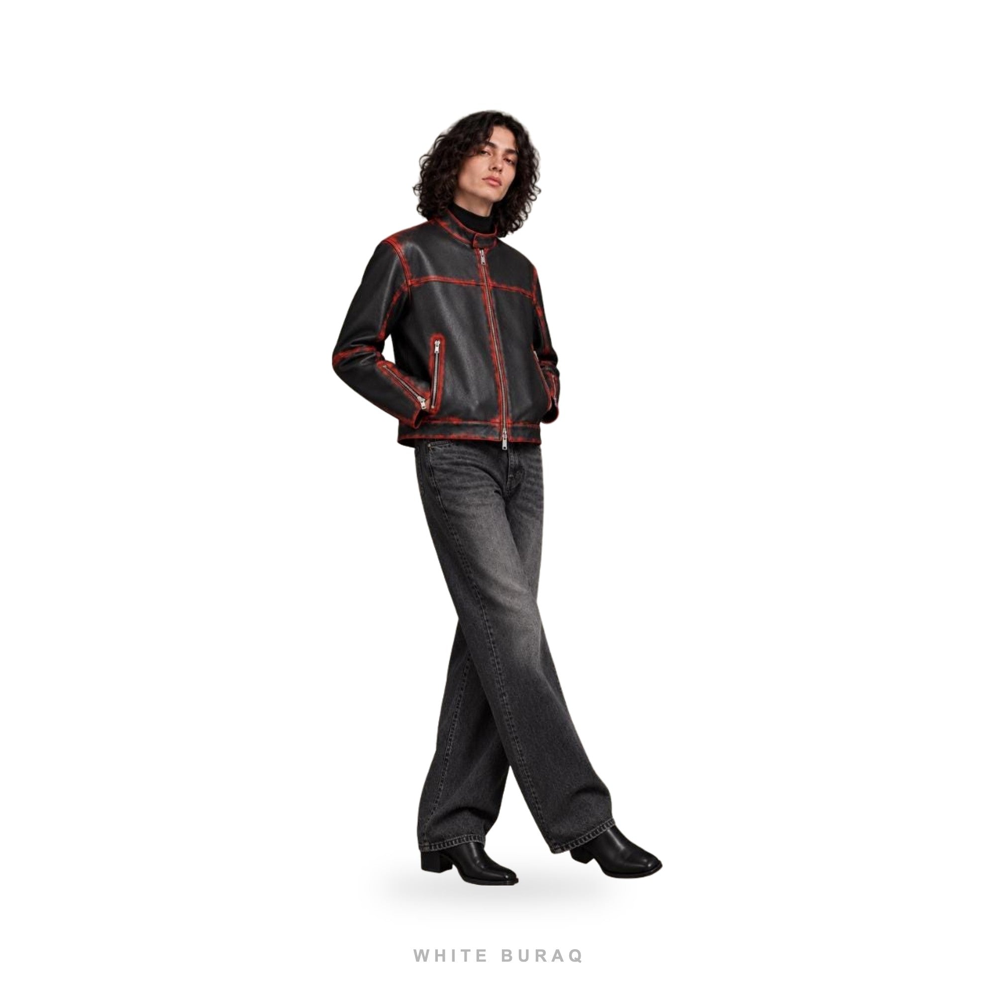 Black & Red Waxed Cowhide Cafe Racer Jacket – view 2
