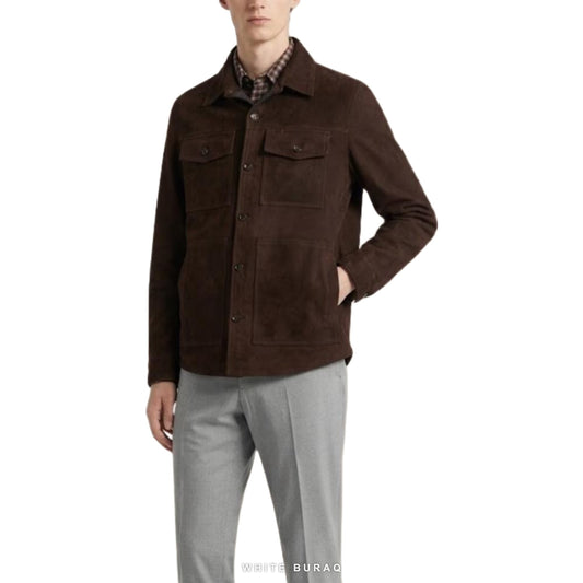 Men's Dark Brown Suede Button-Up Shirt Jacket