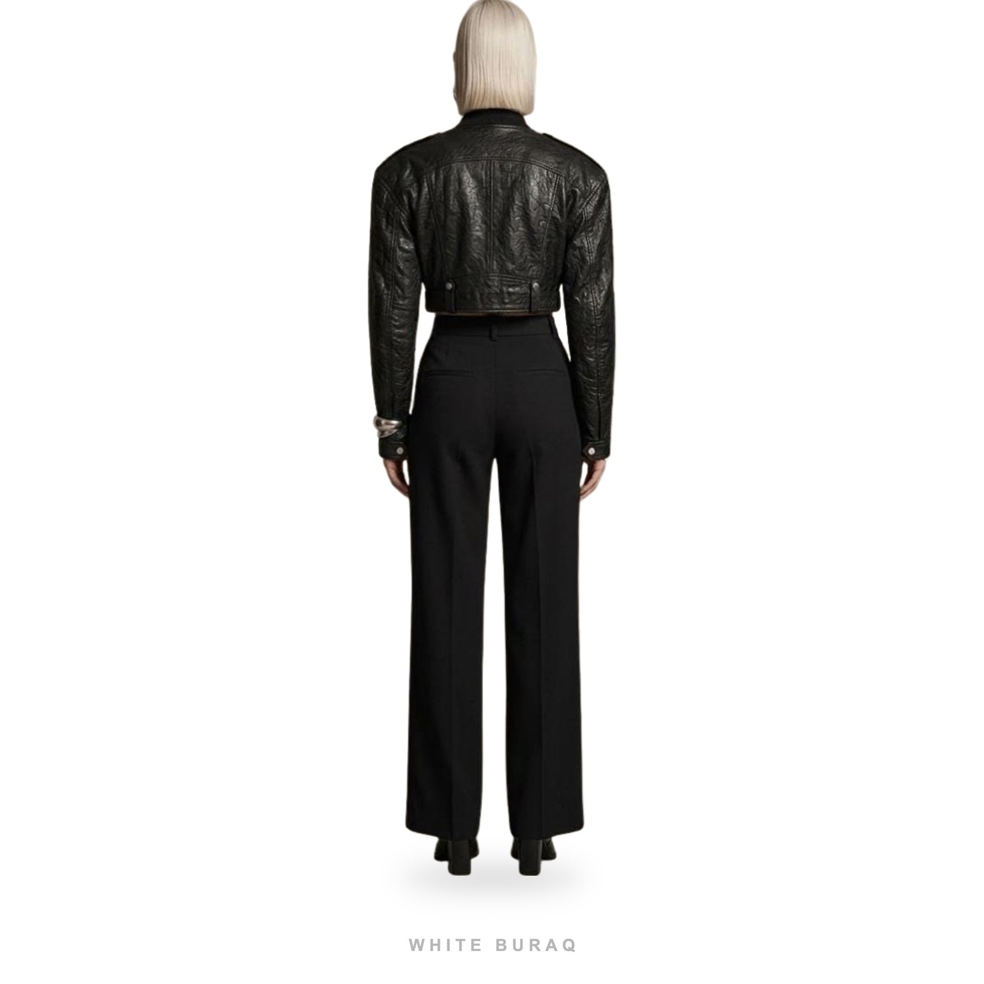 Women's Black Calf Leather Belted Cropped Biker Jacket – view 3