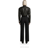 Women's Black Calf Leather Belted Cropped Biker Jacket – view 3