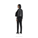 Women's Black Sheepskin Cropped Stand-Collar Moto Jacket – view 2
