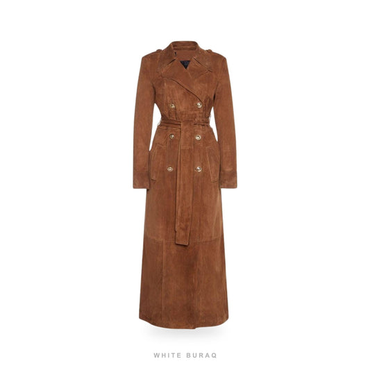 Women's Brown Suede Double-Breasted Trench Coat
