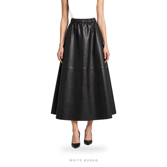 Women's Black Leather Elastic-Waist A-Line Maxi Skirt