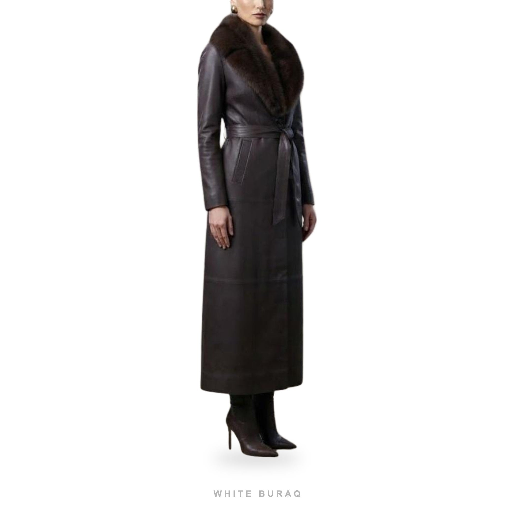 Women's Dark Brown Leather Long Trench Coat with Fur-Style Collar – view 2