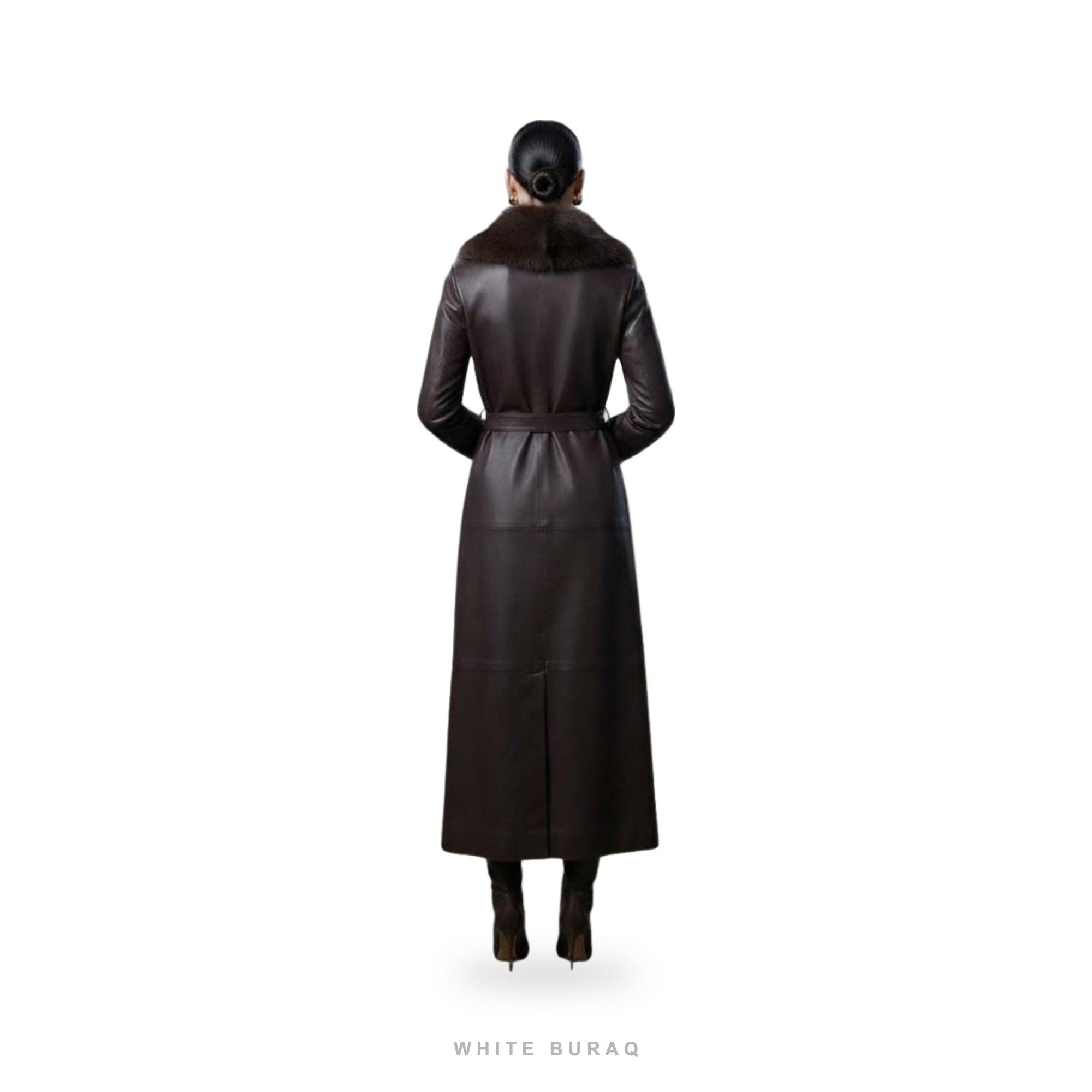 Women's Dark Brown Leather Long Trench Coat with Fur-Style Collar – view 3