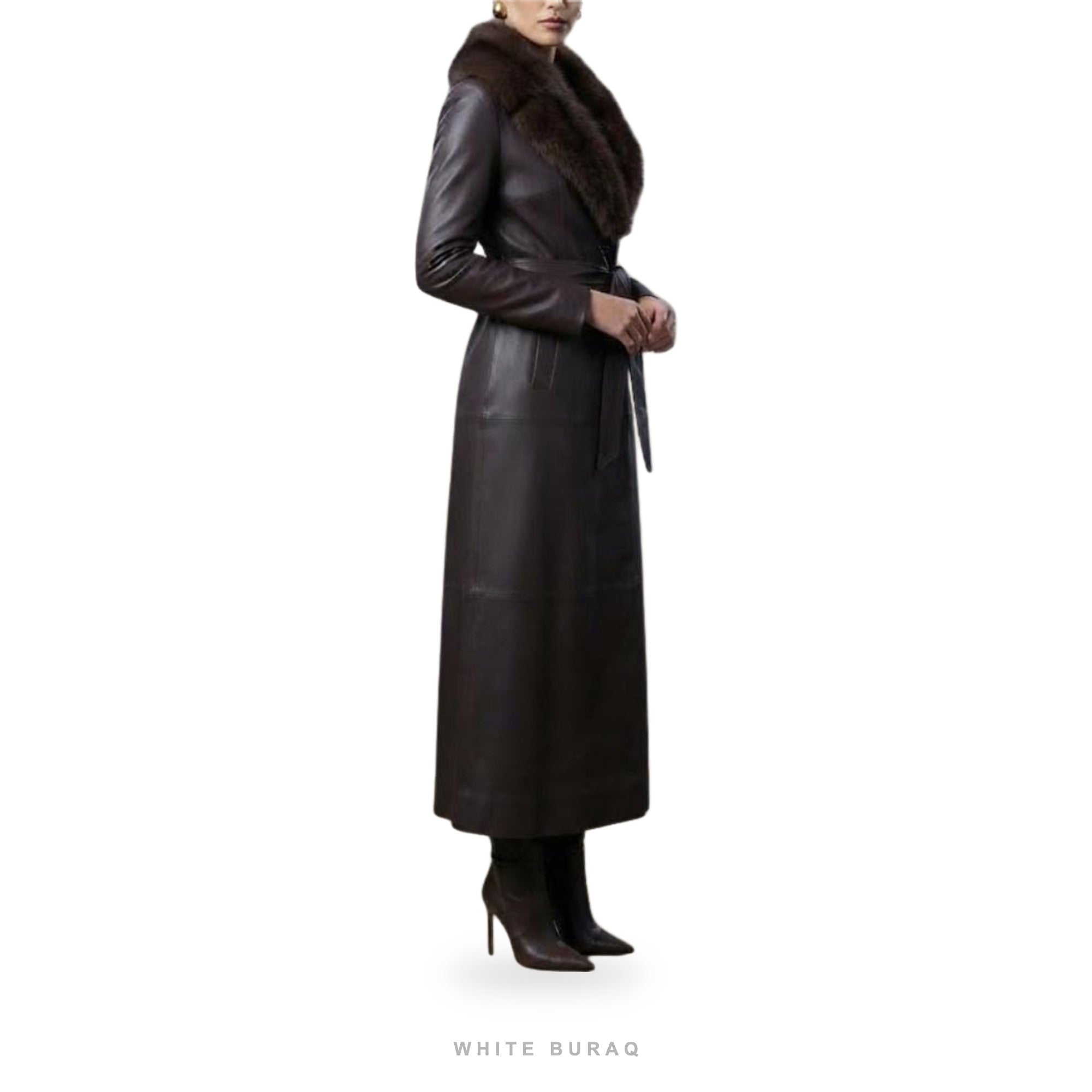 Women's Dark Brown Leather Long Trench Coat with Fur-Style Collar – view 4