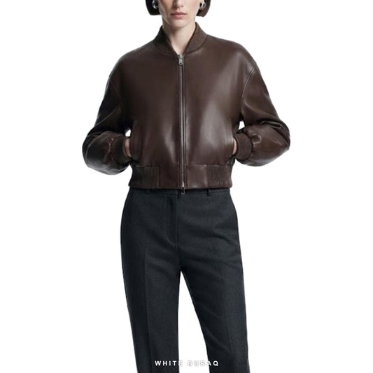 Women's Dark Brown Leather Cropped Ribbed Bomber
