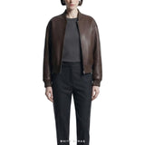 Women's Dark Brown Leather Cropped Ribbed Bomber – view 2
