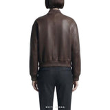 Women's Dark Brown Leather Cropped Ribbed Bomber – view 3