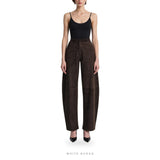 Women's Dark Brown Suede Curved-Leg Trousers