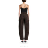 Women's Dark Brown Suede Curved-Leg Trousers – view 2
