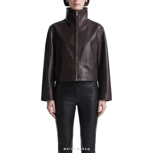 Women's Dark Brown Leather Cropped Funnel-Neck Jacket