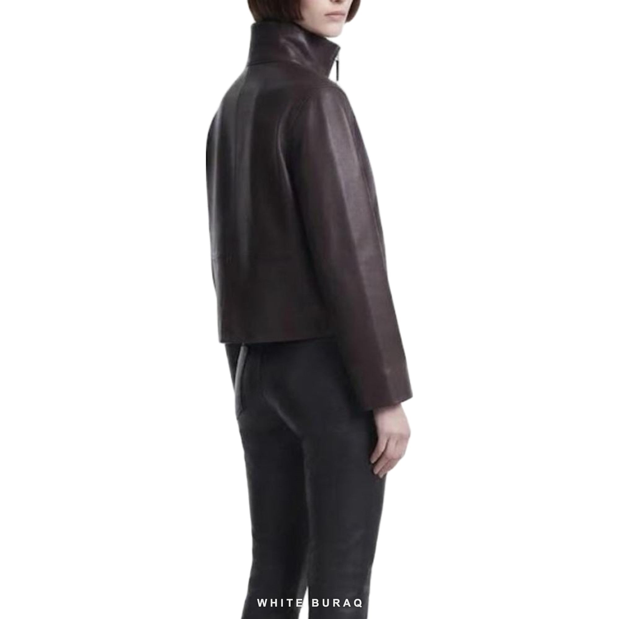 Women's Dark Brown Leather Cropped Funnel-Neck Jacket – view 2