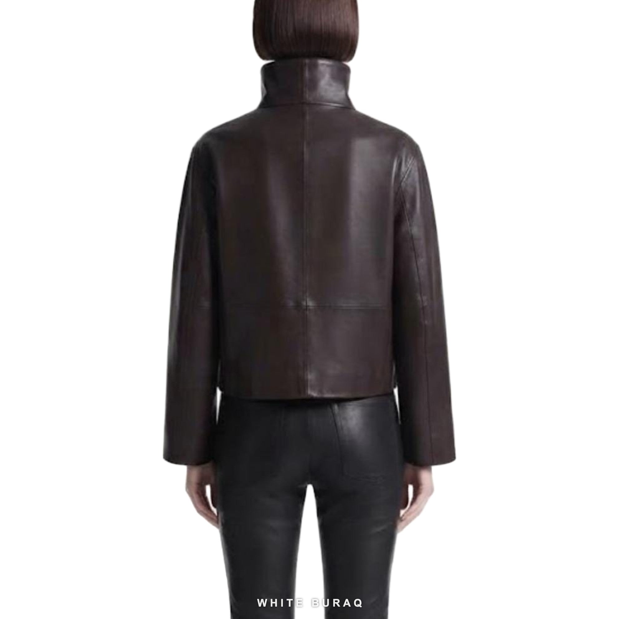 Women's Dark Brown Leather Cropped Funnel-Neck Jacket – view 3