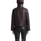 Women's Dark Brown Leather Cropped Funnel-Neck Jacket – view 3