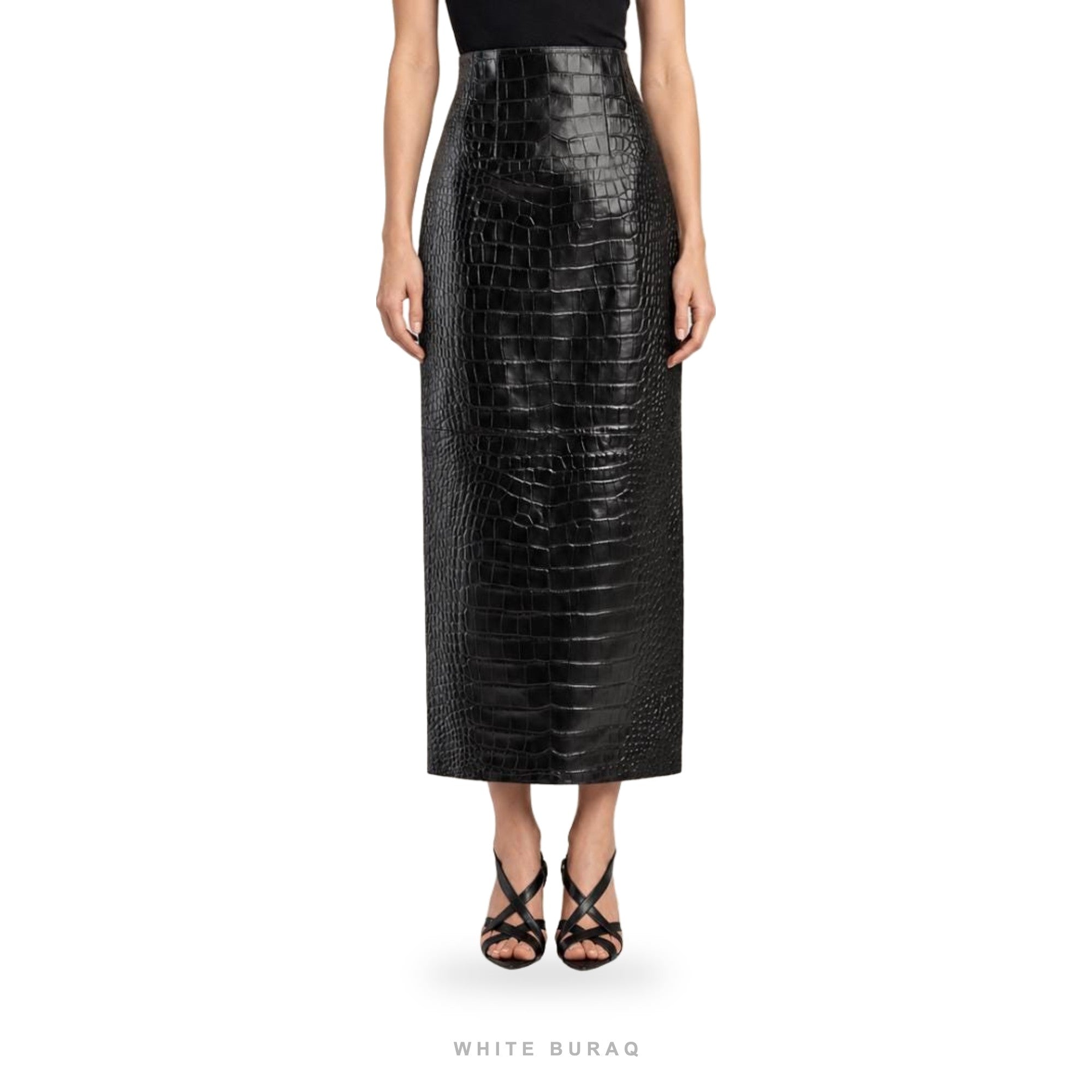 Women's Black Croc-Embossed Leather Maxi Pencil Skirt