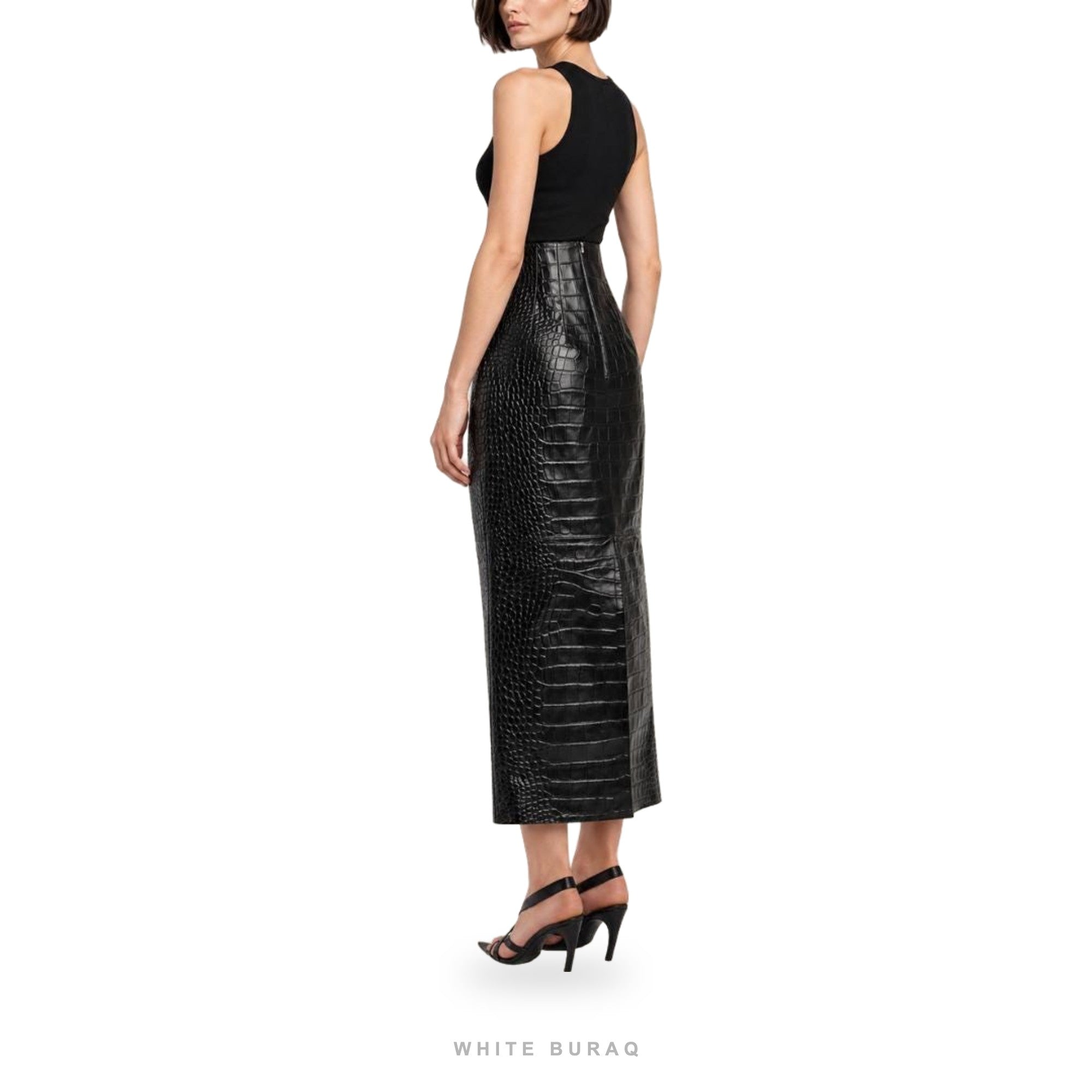Women's Black Croc-Embossed Leather Maxi Pencil Skirt – view 3