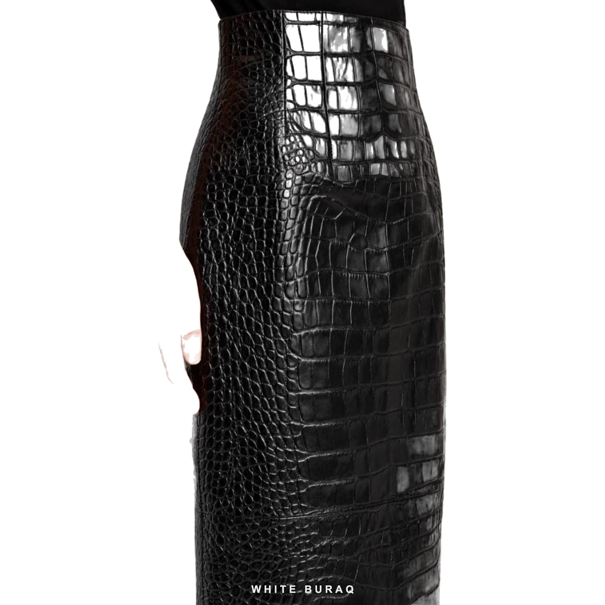Women's Black Croc-Embossed Leather Maxi Pencil Skirt – view 4