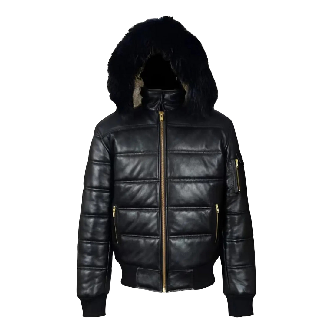 Men's black leather puffer jacket with detachable hood for wholesale buyers